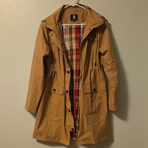 Women's Tan Hooded Rain Jacket Size L.